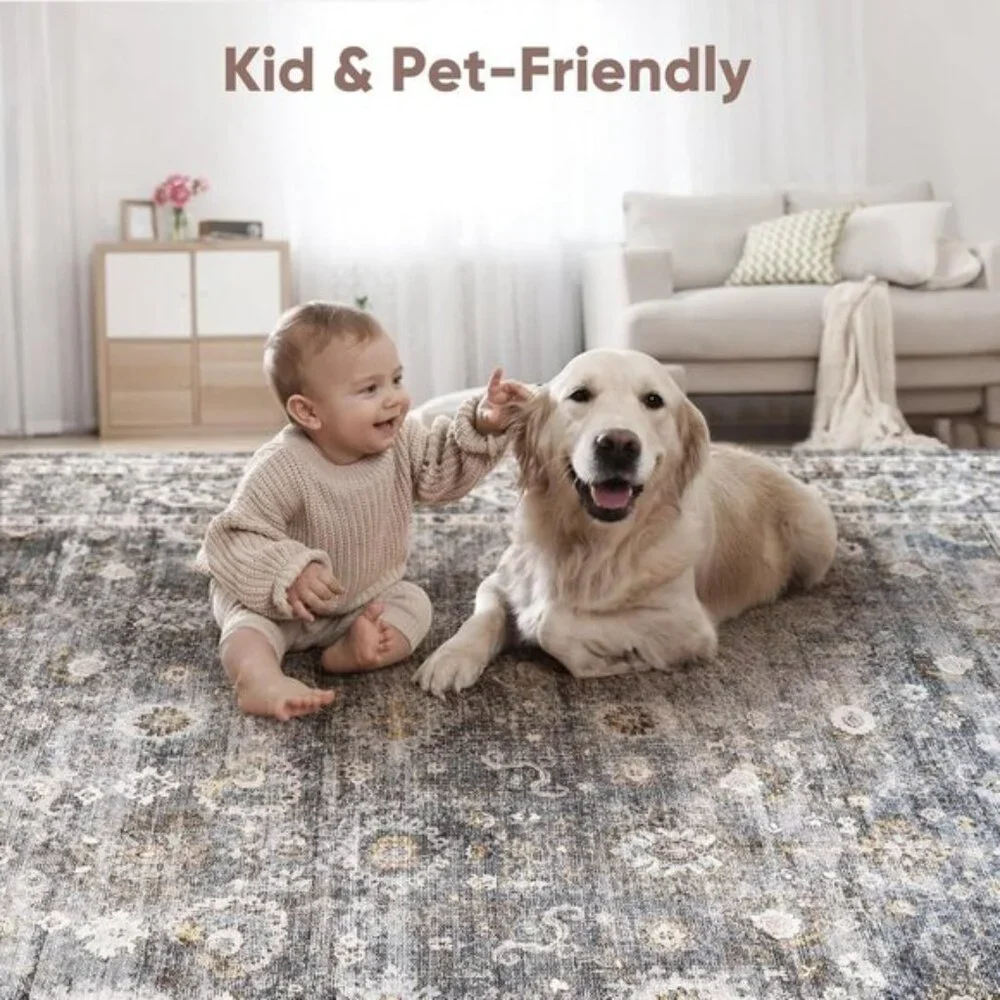 New 4ft Washable Grey Circular Rug, Non-Slip Low Pile Carpet for Bedroom & Dorm